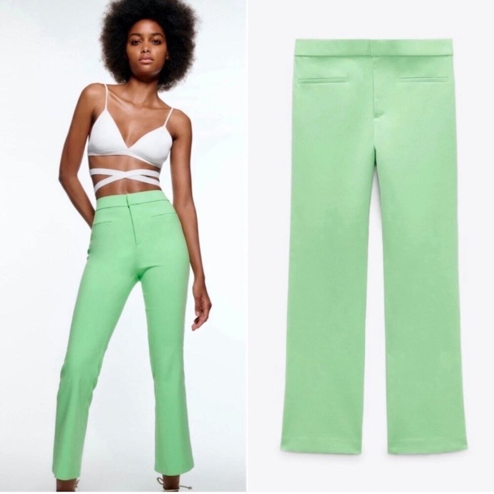 Zara Lime Green High Waist Flare Pants Size S Made in Turkey